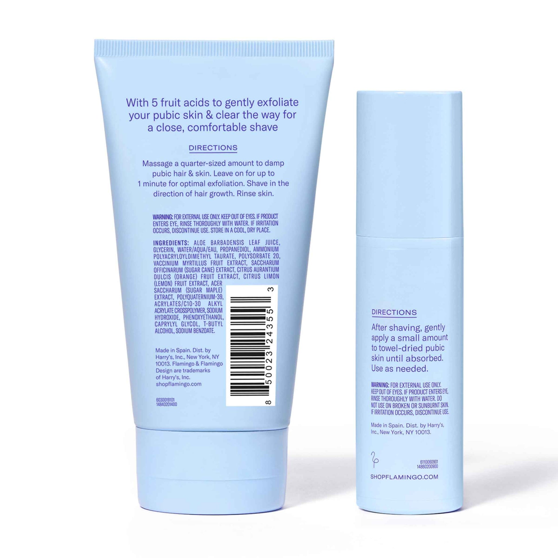 Flamingo Pubic Hair Shaving Skin Care Set, Exfoliating Shaving Gel for Women 5 fl oz with Restorative Post Shave Serum 1.7 fl oz