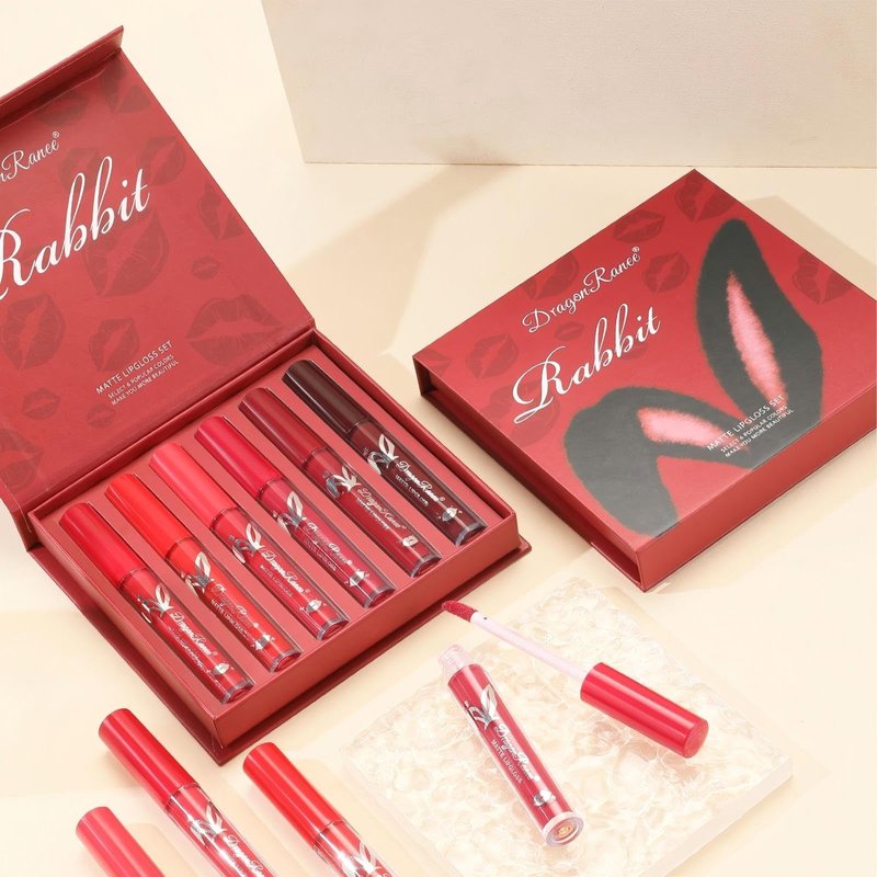 MooGlamor 6 Pcs Matte Liquid Lipstick Set Red Lip Gloss with Long-Lasting and Waterproof Lipsticks for Women Lip Makeup Gift (Red Rabbit, 6 Pcs)