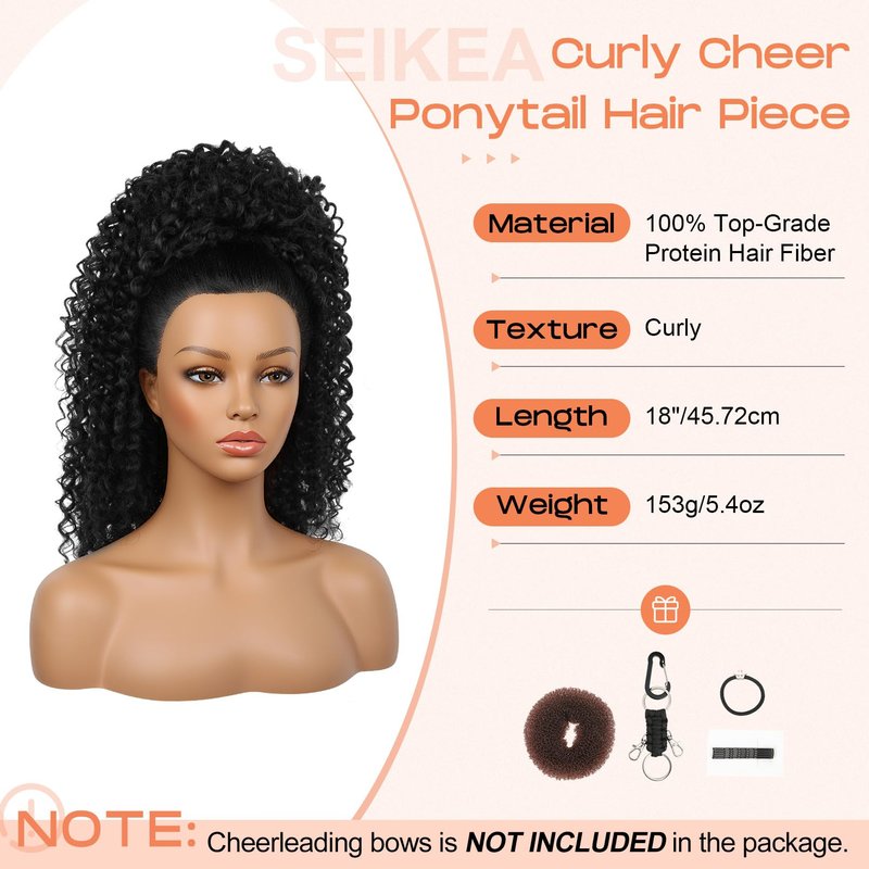 SEIKEA Cheer Ponytail Hair Piece, 100% Super Protein Fiber Curly Cheerleader Hairpiece Lightweight Fluffy Natural Soft 18" Ponytail Extension for Cheerleader Competition, Dance Brown