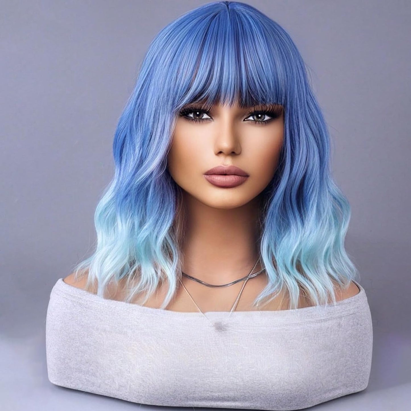 Ombre Blue Short Bob Wig for Women - Curly Wavy Heat Resistant Synthetic | Perfect for Cosplay & Daily Wear
