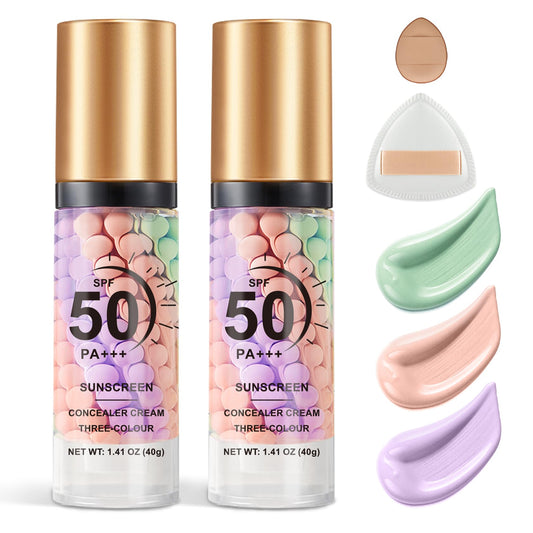 QIUFSSE 2PCS Color Correcting Primer Face Makeup with Powder Puff,Face Primer with SPF 50,Oil Control Primer Makeup,Hydrates and Moisturizes,Radiance Skin,Protector Solar Para La Cara Con Color