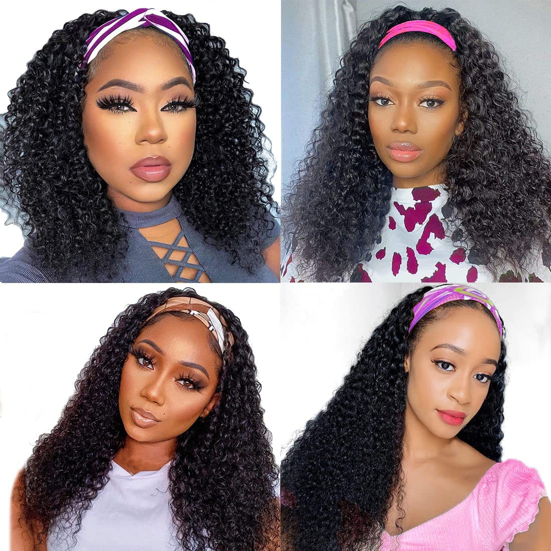 Unvizossa Headband Wig Human Hair Deep Wave None Lace Front Wigs Human Hair Curly Headband Wigs for Black Women 150% Density Natural Color 14 Inch