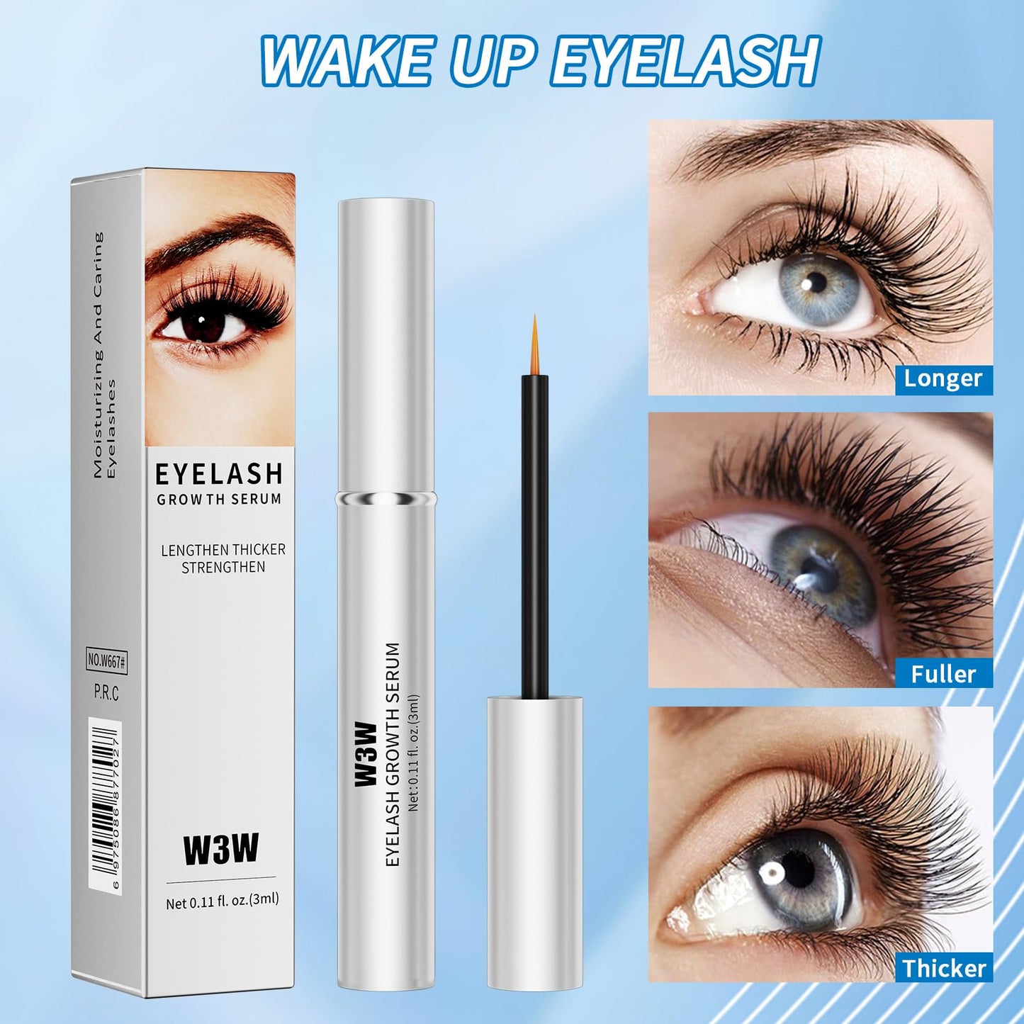 W3W Eyelash Growth Serum for Longer, Thicker Lashes – Lash Enhancer with Natural Peptides & Caffeine, Gentle Lash Conditioner for Women, 3ml