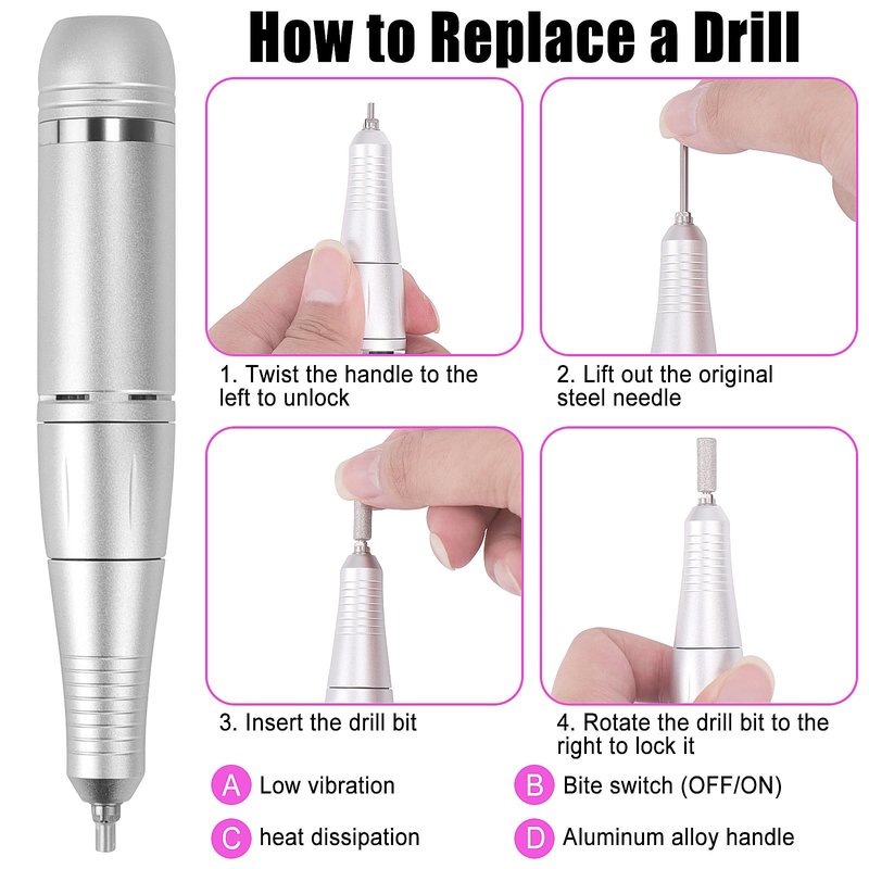HZXINGWANG Professional 45000 RPM Portable Nail Drill & Electric Nail File for Acrylic Nails, Gel Polish Removal – Rechargeable with 6 Drill Bits Kit for Home & Salon Use (White)