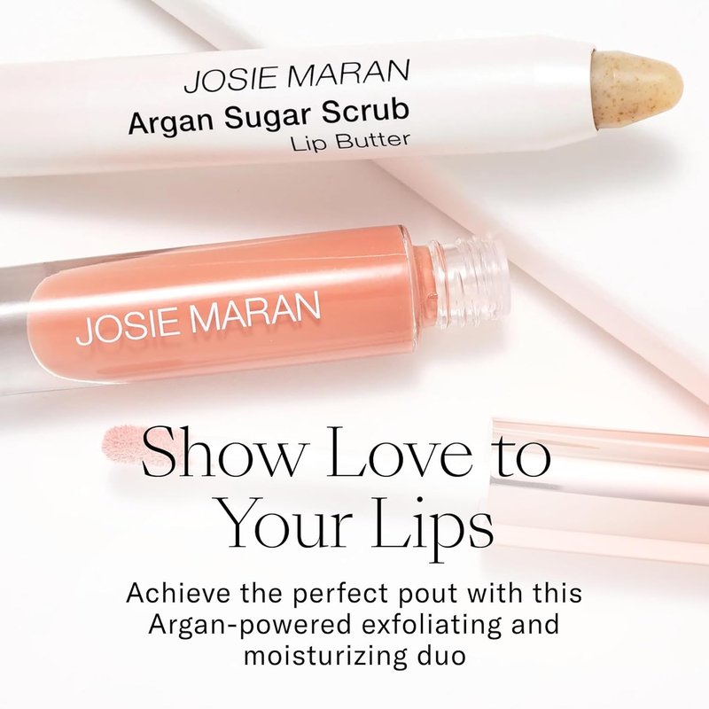 Josie Maran Lip Exfoliator & Plumping Gloss | Argan Sugar Scrub & Hyaluronic Lip Booster - 2 Piece Lip Care Kit