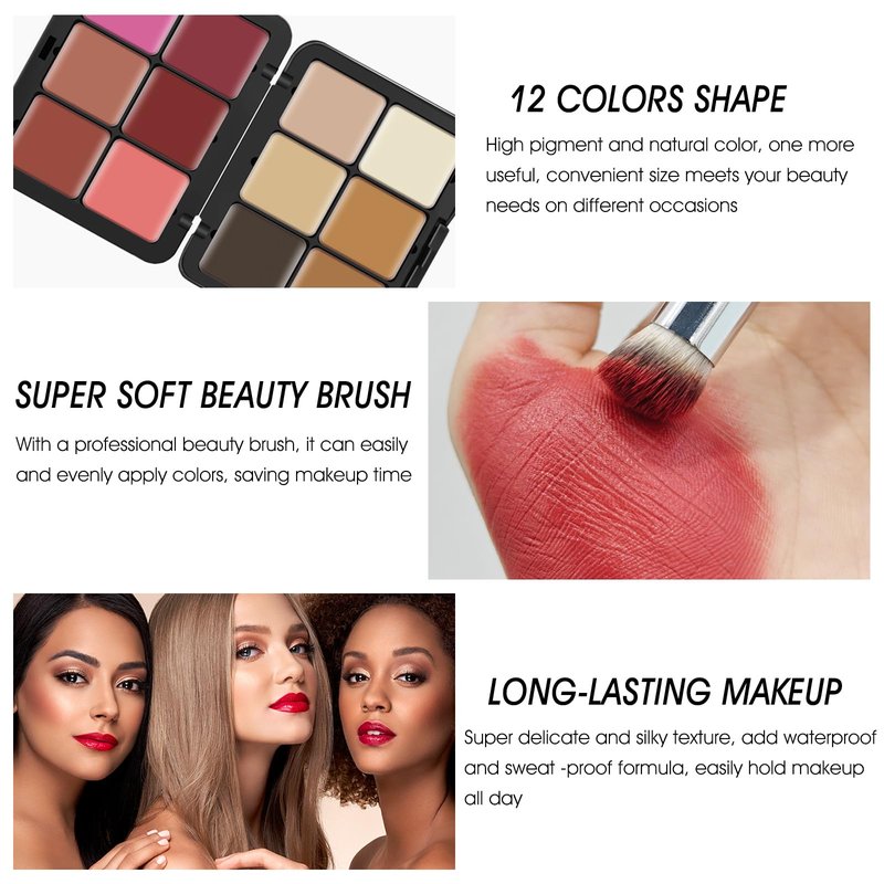 LSxia 12 Colors Cream [Blush Contour Concealer] Makeup Palette for Cheeks - All in One Makeup Palette Kit with Brush, Natural Matte Long Wearing, Waterproof Blendable Face Make Up Pallete (#02)