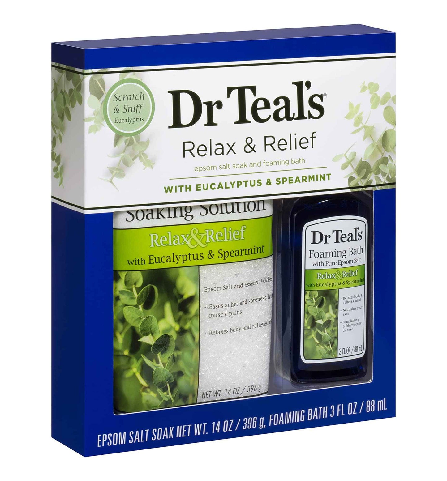 Dr Teal's Eucalyptus Epsom Salt & Foaming Bath Oil Sampler Gift Set - Give The Gift of Rejuvenation & Self Care! - 14 oz Bag of Eucalyptus Bath Salts & 3 oz Bottle of Eucalyptus Foaming Bath Oil