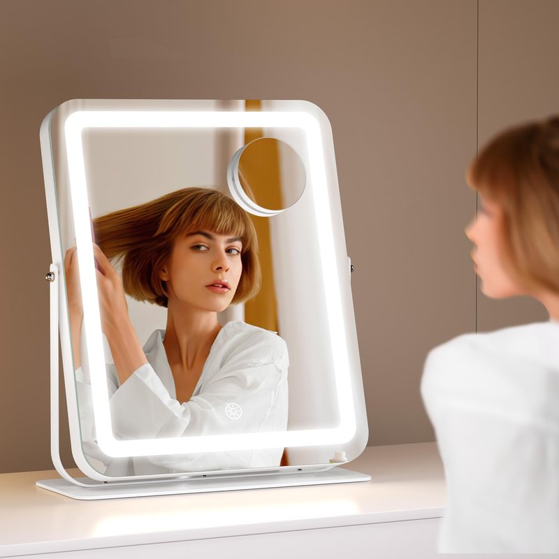 Hasipu Makeup Vanity Mirror with Lights, 12" L x 14" W LED Tabletop Make up Mirror for Desk, Lighting & Brightness Adjustment, 360°Rotation, 10x Magnification