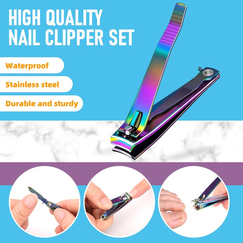 firiKer 2PCS Stainless Steel Nail Clippers,Rainbow Fingernail Clipper and Toenail Clipper, Wide Easy Press Lever Nail Cutter with Swing Out Nail Cleaner/File for Men and Women