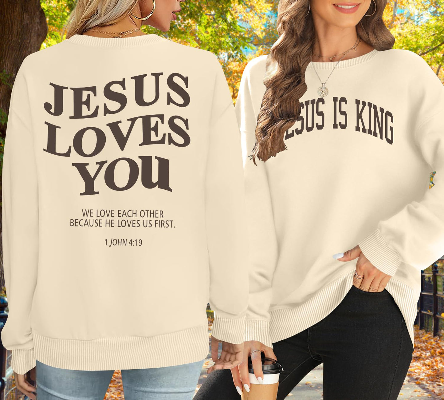 Zylkor Christian Sweatshirts for Women Jesus is King Letter Sweatshirt Jesus Loves You Sweater Beige