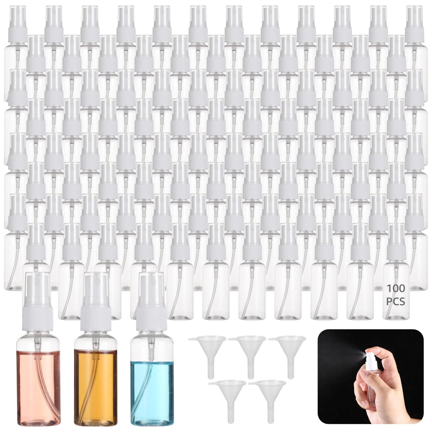 OMISTAR 100 PCS 1 oz Mini Small Spray Bottle - 30ml Transparent Plastic Travel Spray Bottles for Perfume Cosmetic, Travel Size with 5 Funnels, Convenient Refillable, Leak-proof Design