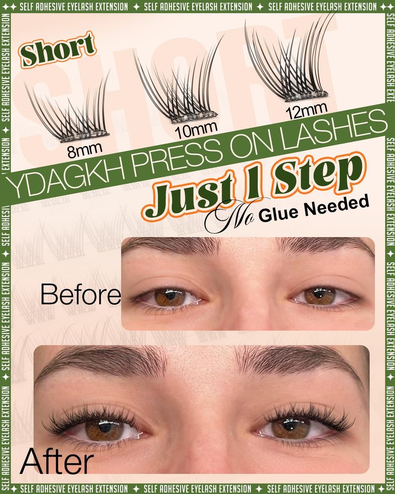 Short Self Adhesive Lash Clusters 8-10-12mm Natural Self Adhesive Eyelashes Pre Glued Individual Cluster Eyelash Extension Ultra-Thin Band Glueless Lashes Wispy No Glue Needed for Clean Beauty