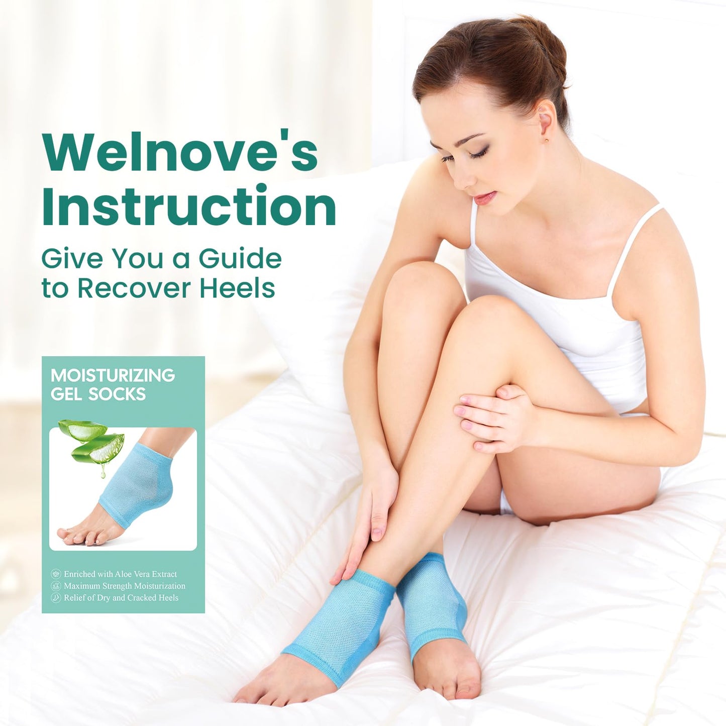 Welnove Moisturizing Heel Socks - 2 Pairs Aloe Vera Extract Infused Gel Lining for Dry Feet - Cracked Heel Repair Treatment - Cotton Socks for Women Men Foot Care (Regular Sizes)