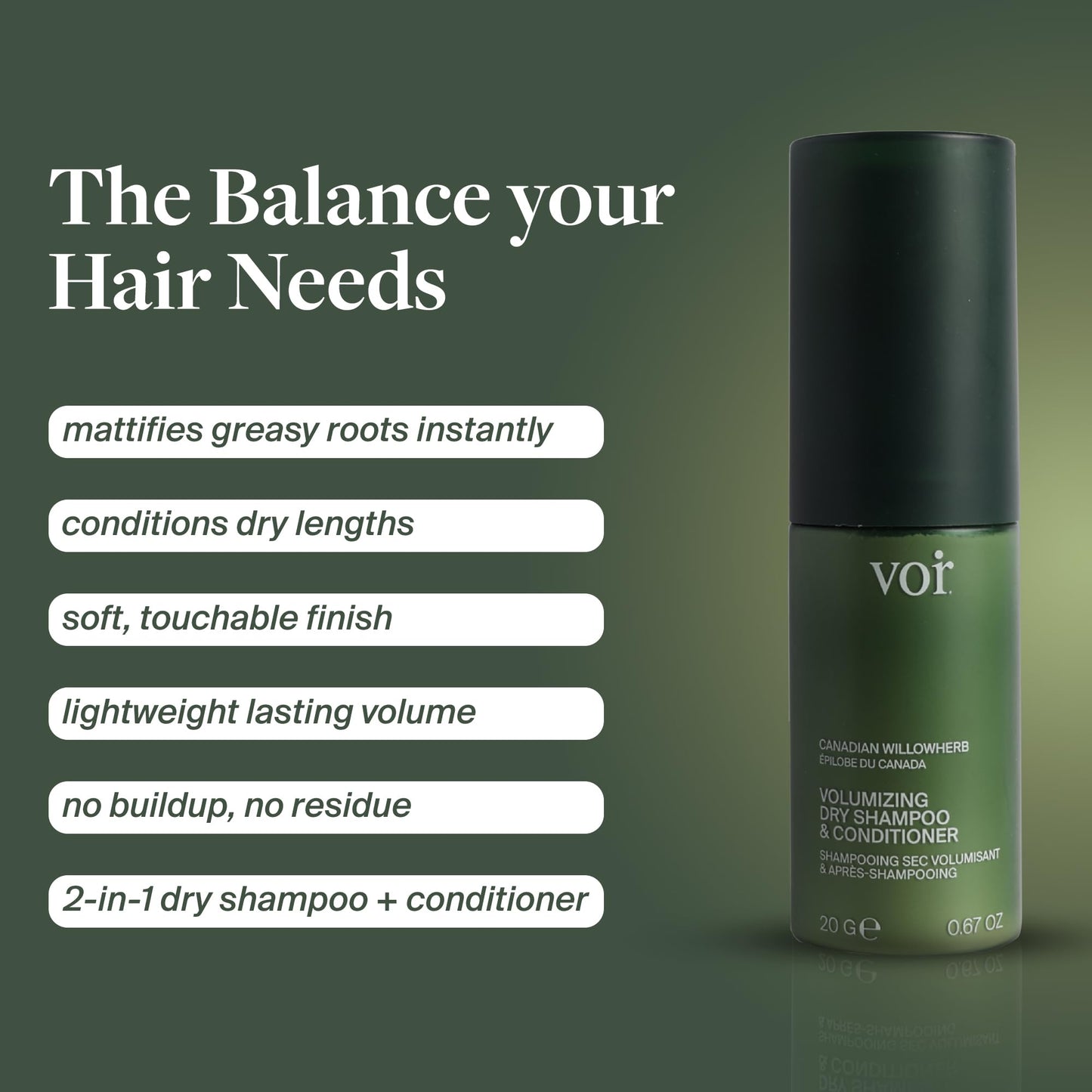 Voir Non-Aerosol Haircare Volumizing Dry Shampoo & Conditioner for Women, Organic Dry Shampoo Powder with Willowherb, Green Tea Extract, Oil-Absorbing, Scalp-Soothing, Travel Size, 0.67 oz