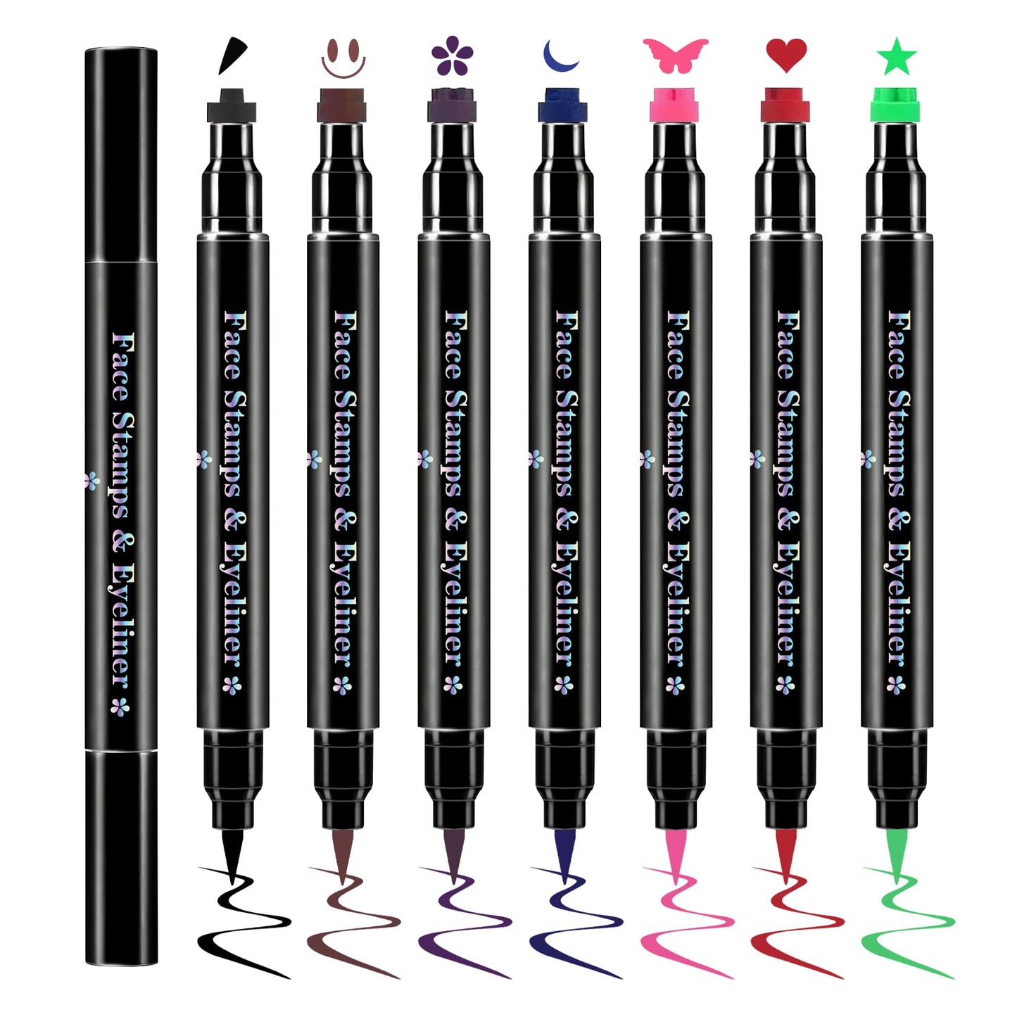 7Pcs Colored Liquid Eyeliner Stamp Pen Double-sided Face Stamps Set Green Red Pink Blue Purple Brown Black Eyeliner, Star Heart Butterfly Moon Flowers Smiley Triangle Stamp for Cosplay Eye Makeup