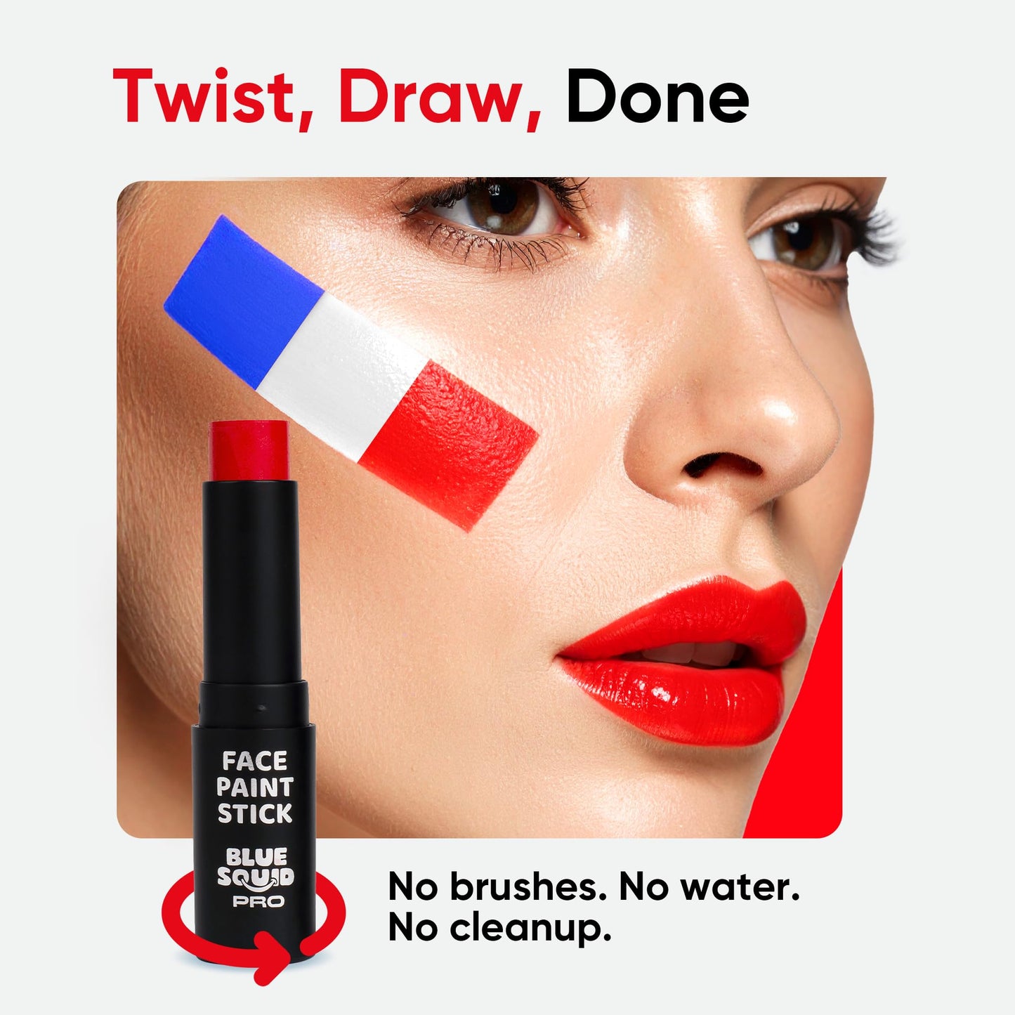 Blue Squid PRO Red White Blue Face Paint Stick - Waterproof Body Paint For Adults & Kids Eye Black Baseball, Eyeblack Softball - Hypoallergenic Twist-Up Non-Toxic Makeup Stick - Cosplay, Sports & SFX