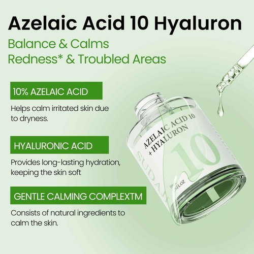 SUDAJI 1.76 fl oz Azelaic Acid 10 Hyaluron Redness Balancing Serum, Facial Serum for Uneven Skin, Hyaluronic Acid, Niacinamide
