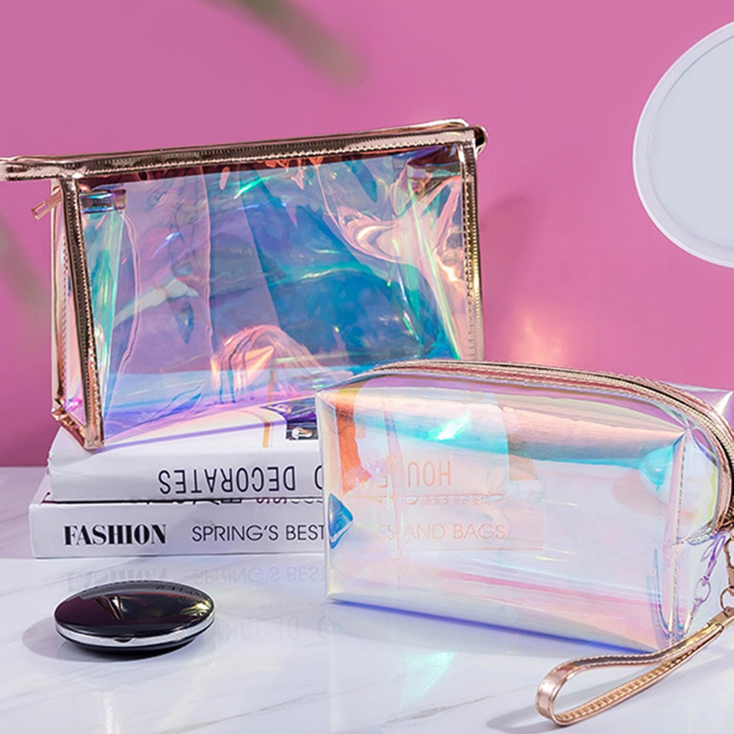 Gripebao Iridescent Holographic Makeup Bag with Wrist strap, Travel Clear Toiletry Bag, Lipstick Cosmetic Pouch, Waterproof Zipper Beach Bag Make up Organizer Case for Woman Teen Girl, A