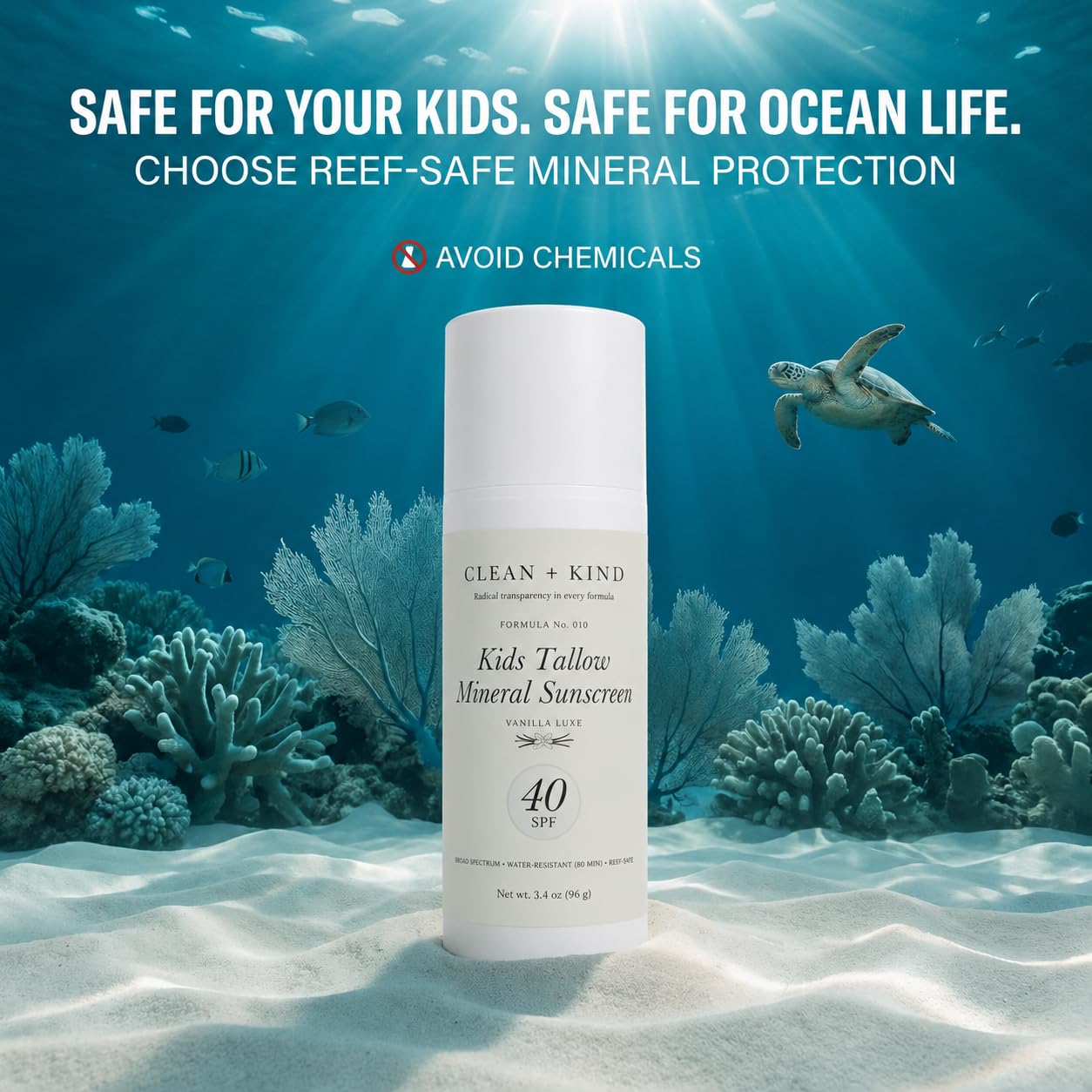 Clean + Kind Kids Sunscreen Mineral SPF 40 Vanilla — Non Toxic Baby & Toddler Sunblock with Non-Nano Zinc Oxide, Grass-Fed Tallow, Natural Reef-Safe Sun Lotion, No White Cast for Sensitive Skin