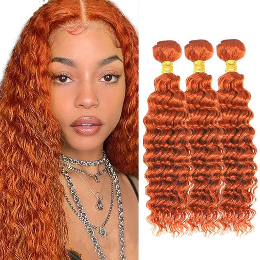 14 16 18 Inch Ginger Bundles Human Hair #350 Orange Deep Wave 3 Bundle Unprocessed Brazilian virgin hair Weave Extensions Double Weft 50 Grams/Bundle Colored Ginger Bundles for Woman
