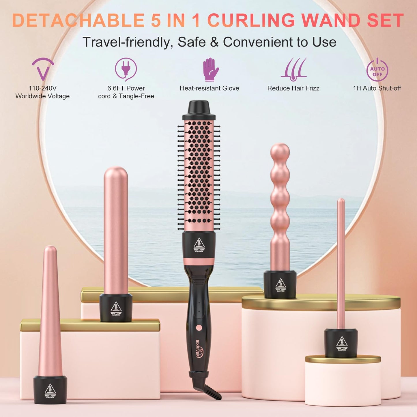 5 in 1 Curling Wand Set - Thermal Brush and 4 Ceramic Hair Crimper