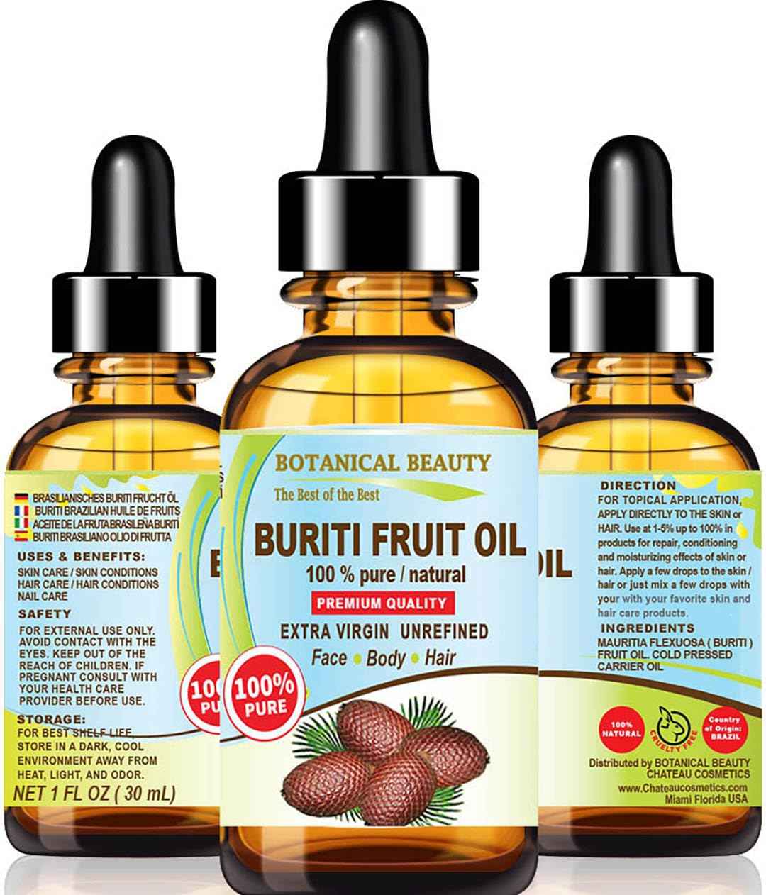 Botanical Beauty Brazilian BURITI FRUIT OIL 100% Pure Natural Virgin Unrefined Cold Pressed Carrier Oil Undiluted for Face, Body, Hair, Lip, Nails (1 Fl Oz)