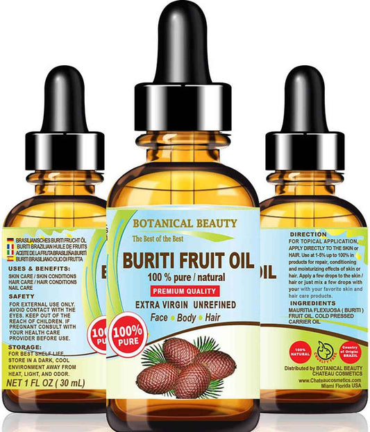 Botanical Beauty Brazilian BURITI FRUIT OIL 100% Pure Natural Virgin Unrefined Cold Pressed Carrier Oil Undiluted for Face, Body, Hair, Lip, Nails (1 Fl Oz)
