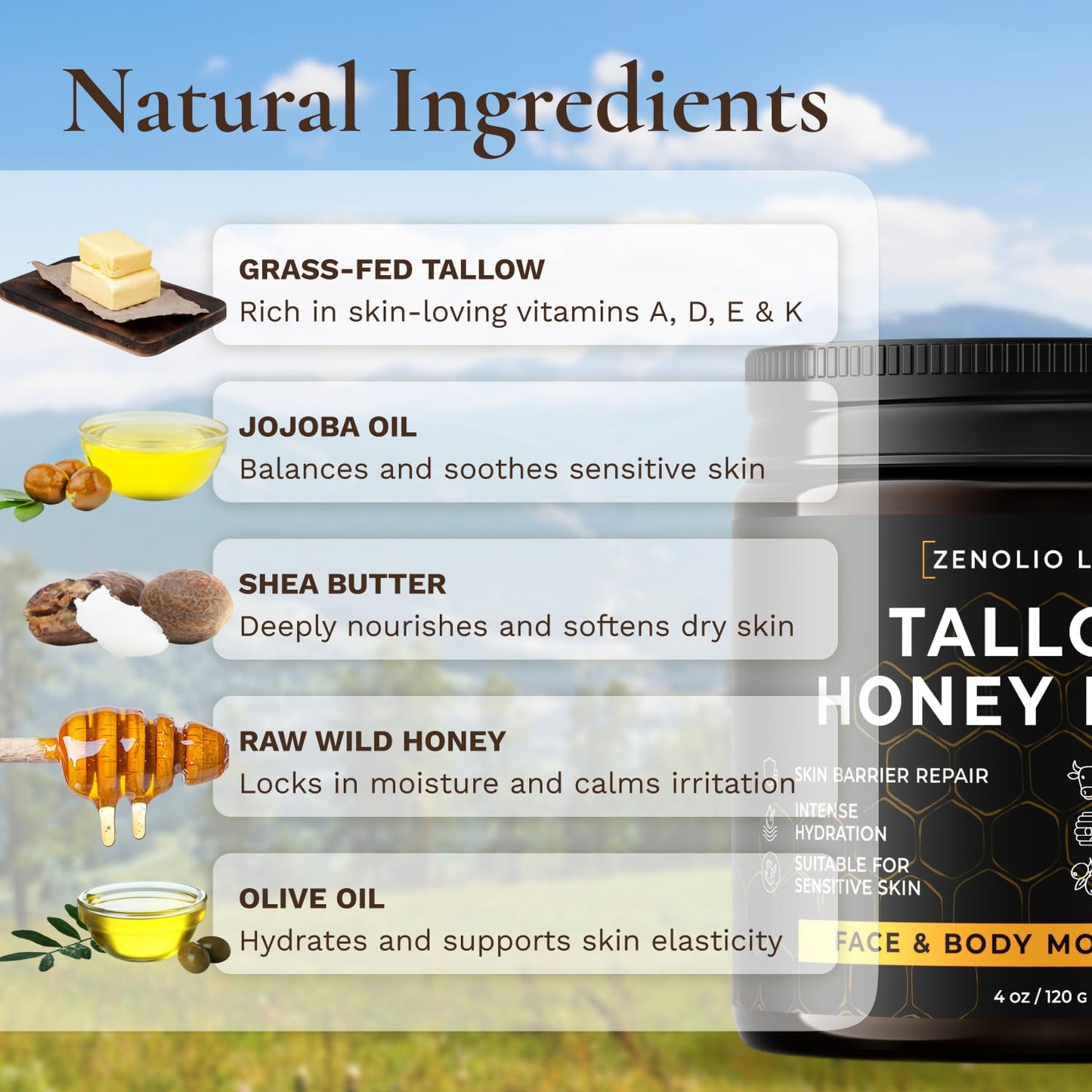Beef Tallow Face Moisturizer - Whipped Grass-Fed Balm with Raw Honey & Beeswax | Hydrating Cream for Dry, Sensitive Skin