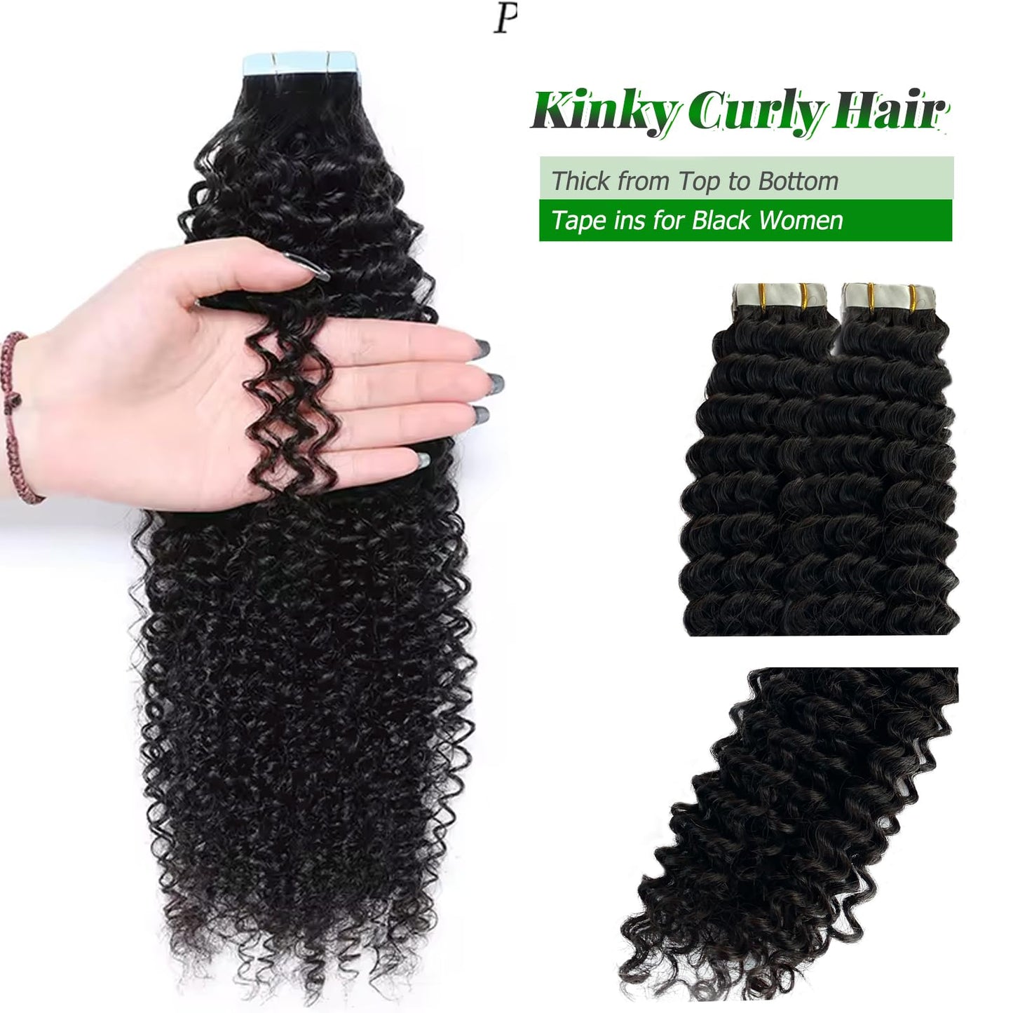 Curly Tape in Human Hair Extensions for Black Women, Kinky Curly Tape in Hair Extensions 50grams 20pcs Full Head Real Human Hair Kinky Tape ins Extensions 20 Inch Natural Black