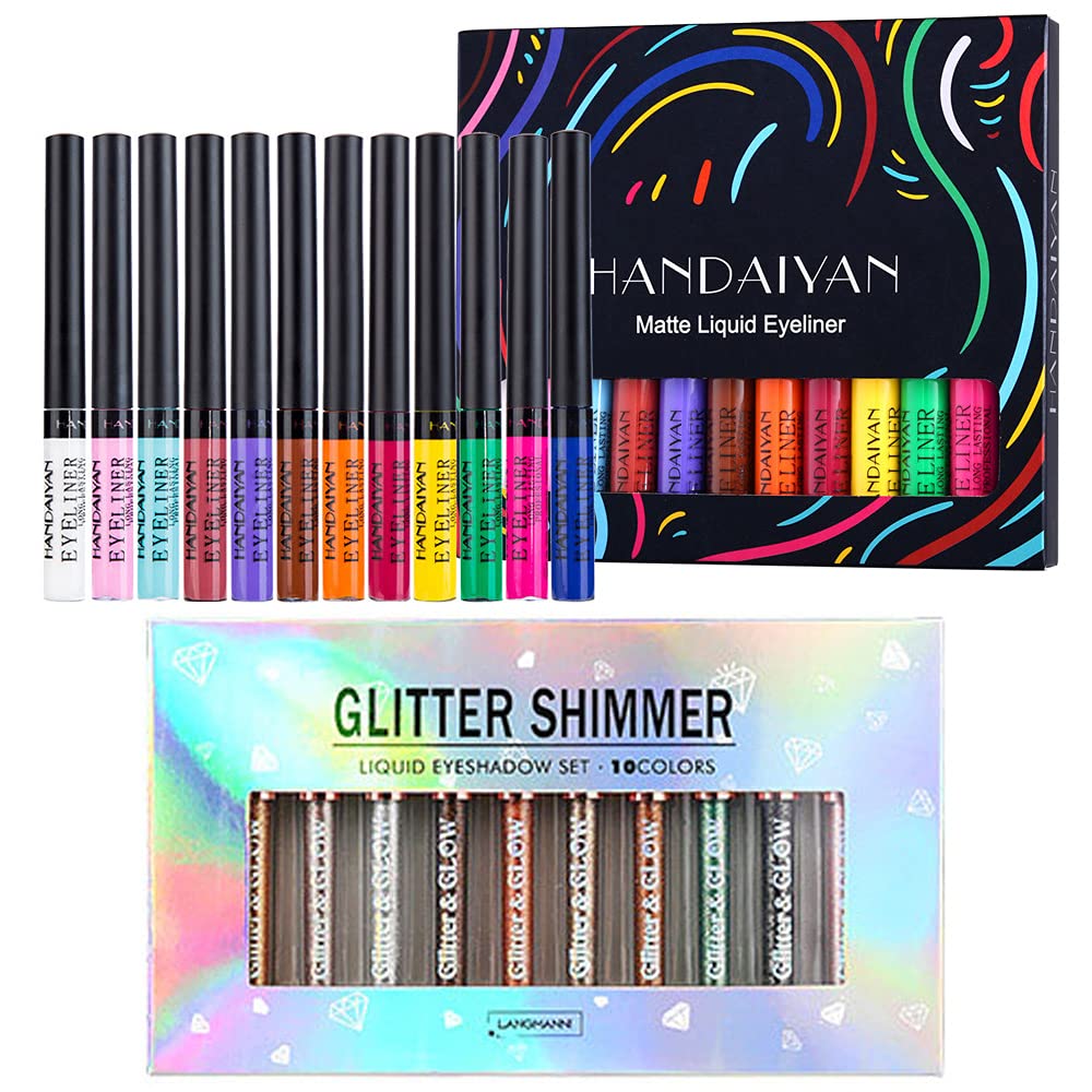 Liquid Glitter Eyeshadow & Matte Eyeliner Set - Rainbow Neon Colors | Waterproof & Smudgeproof Makeup Gift Kit for Women