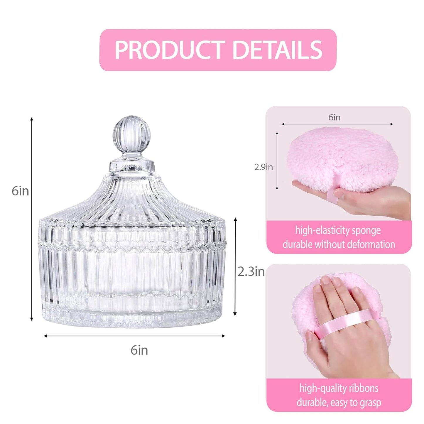 Extra Large Body Powder Puff & Crystal Glass Storage Jar - Dustproof Lid, Soft & Reusable Fluffy Puff for Skin Care
