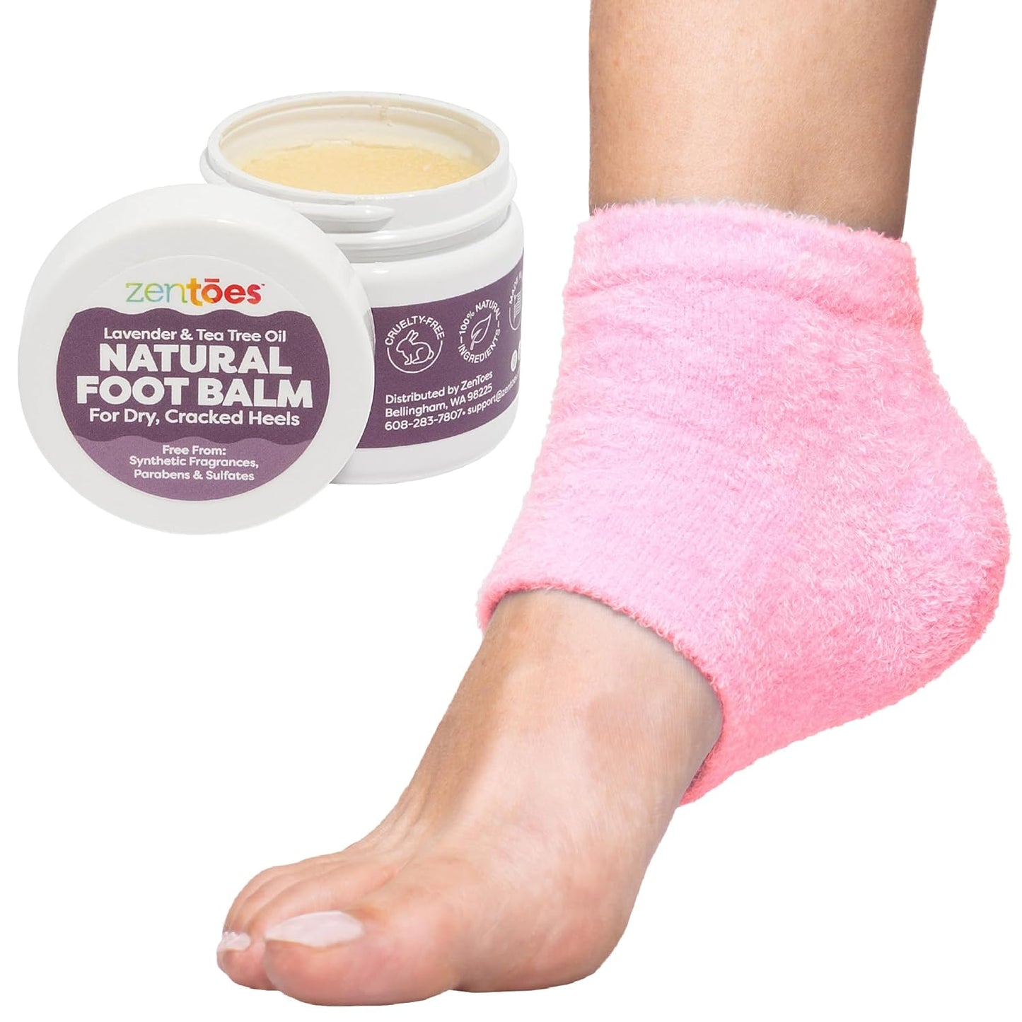 Moisturizing Heel Socks with Natural Hydrating Foot Balm Bundle | Fuzzy Pink Home Pedicure Gift Set