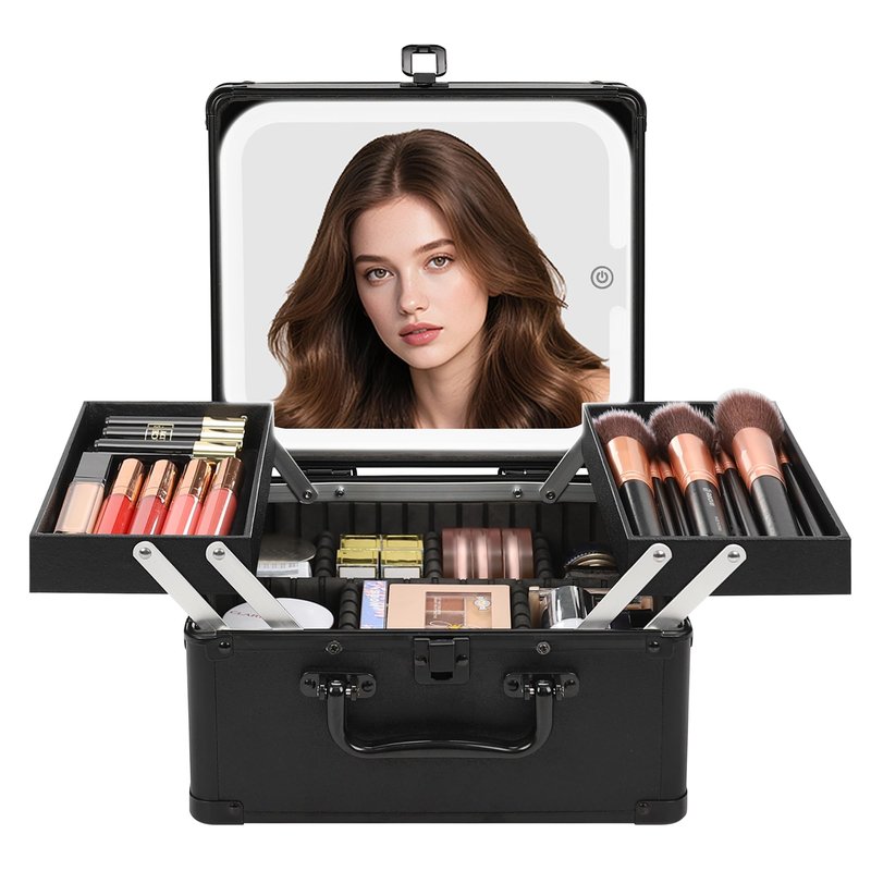 Chomeiu Makeup Bag with Mirror, Travel Train Case Large Cosmetic Organizer with 2 Trays and Vanity Mirror with LED Lights, Brush Holder Storage Box Suitcase for Nail Kits Cosmetics Craft, Black