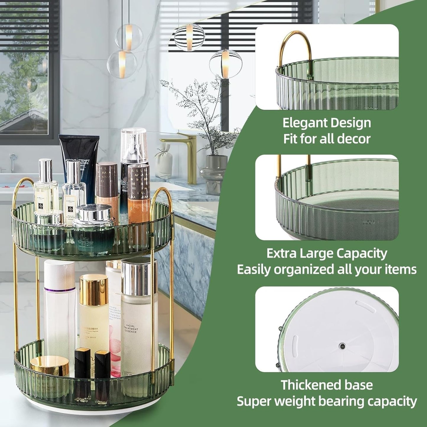 Makeup Organizer for Vanity, 360° Rotating Bathroom Organizer Countertop, High-Capacity Skincare Organizer, Spinning Cosmetics Organizer for Dresser Countertop (2 Tiers, Green)