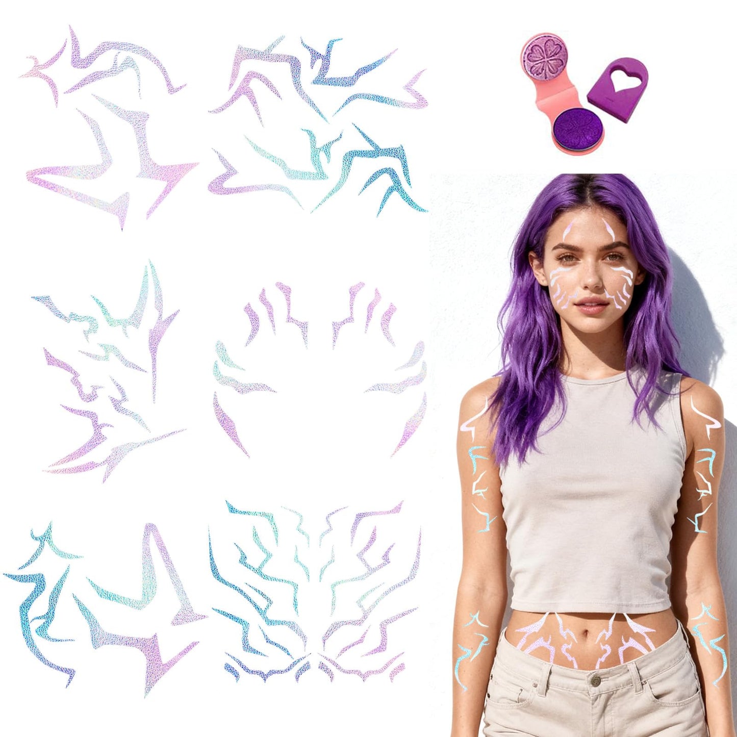 Iridescent Rune Temporary Tattoos For Kids Women - Tattoo Saja Boys Temporary Rune Tattoos, Korean Movie Singer Dance Halloween Anime Cosplay Costume Makeup Accessories Huntrix Tattoo