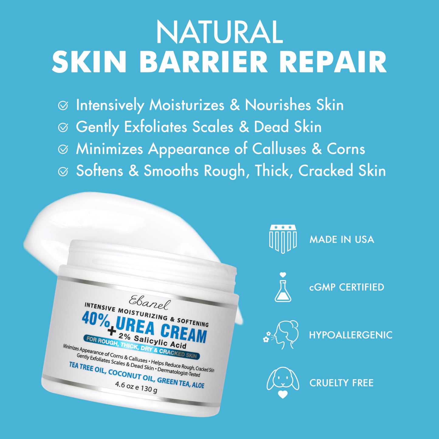 Ebanel Urea Cream 40% plus Salicylic Acid 2%, Foot Cream for Dry Cracked Heels Feet Knees Elbows Hands, Foot Dead Skin Cuticle Callus Remover Toenail Softener, Keratolytic Skin Barrier Repair Cream