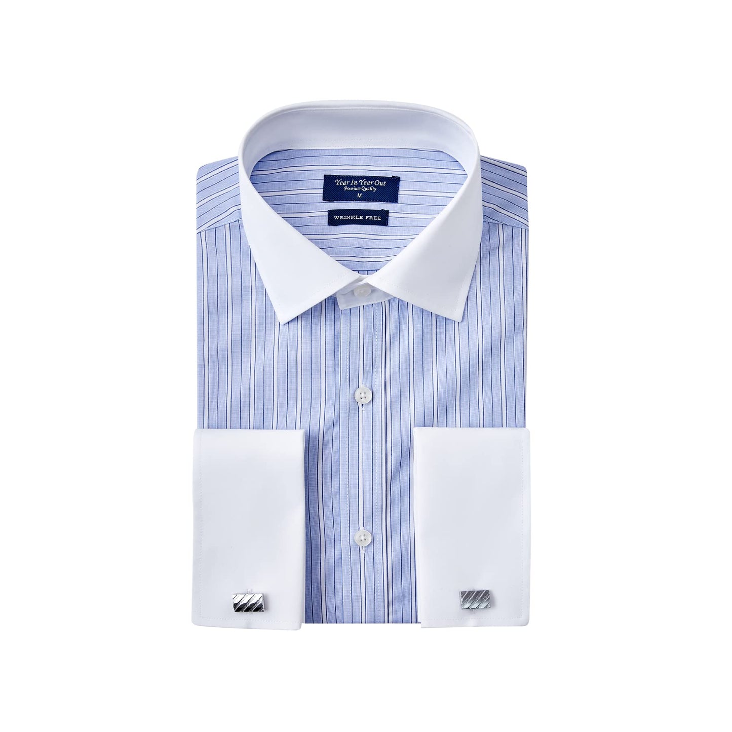 Year In Year Out French Cuff Wrinkle Free Dress Shirt for Men Regular Fit Long Sleeve Wrinkle Resistant Shirt(Blue White 165,3XL)