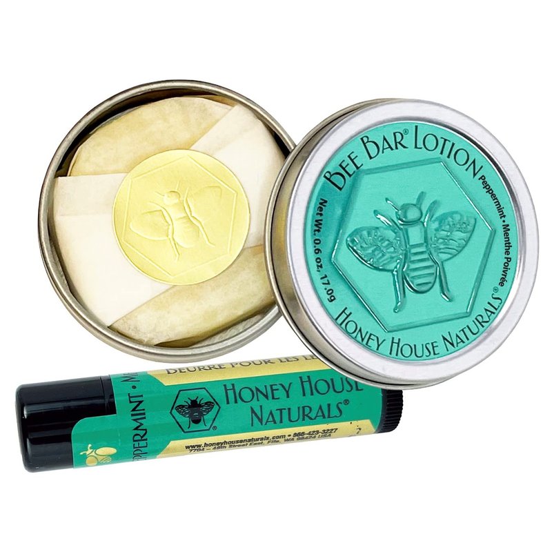 Honey House Naturals Gift Set - All-Natural Moisturizing Lotion Bar & Lip Butter | Peppermint, Made in USA