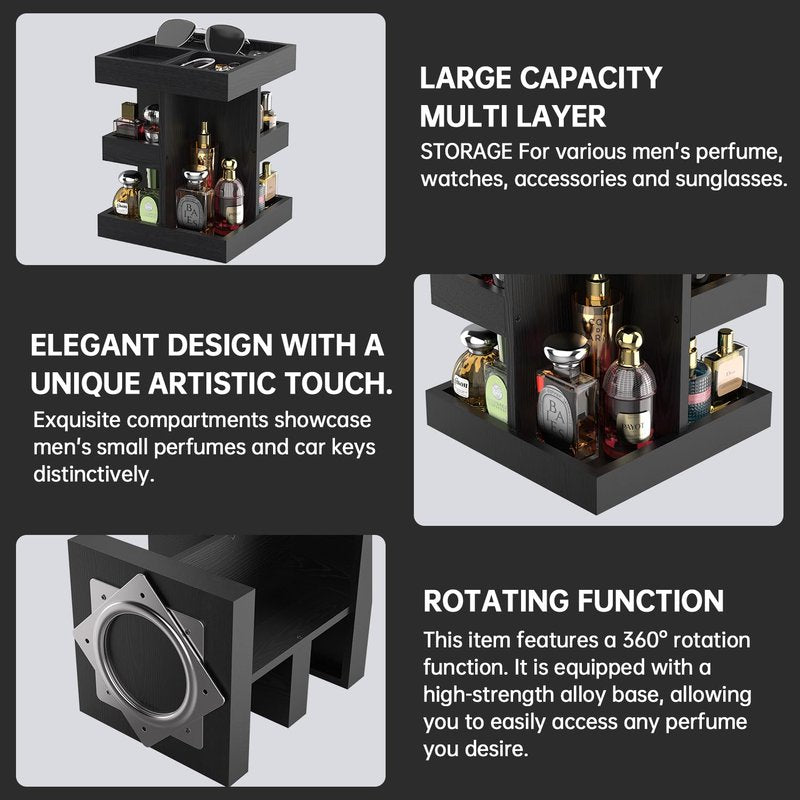 VLXXOI Cologne Organizer for Men Rotating Bathroom Counter Organizer, 3-Tier Solid Wood Storage Caddy, 360-Degree Rotating Stand, Burlywood (Black)