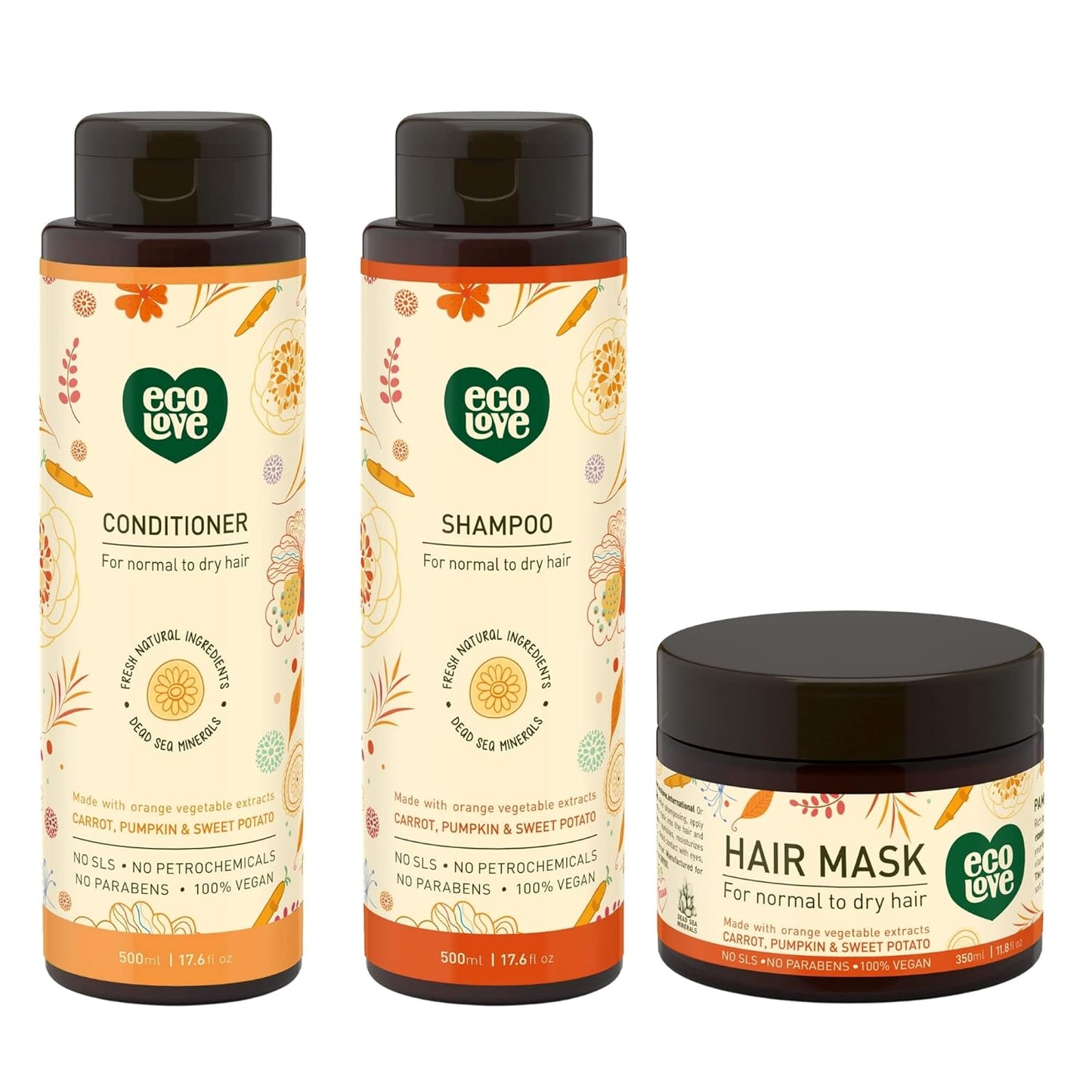 Natural Conditioner, Shampoo & Mask for Dry, Damaged Hair | Vegan, SLS-Free, 17.6 oz - Carrot & Pumpkin Extract