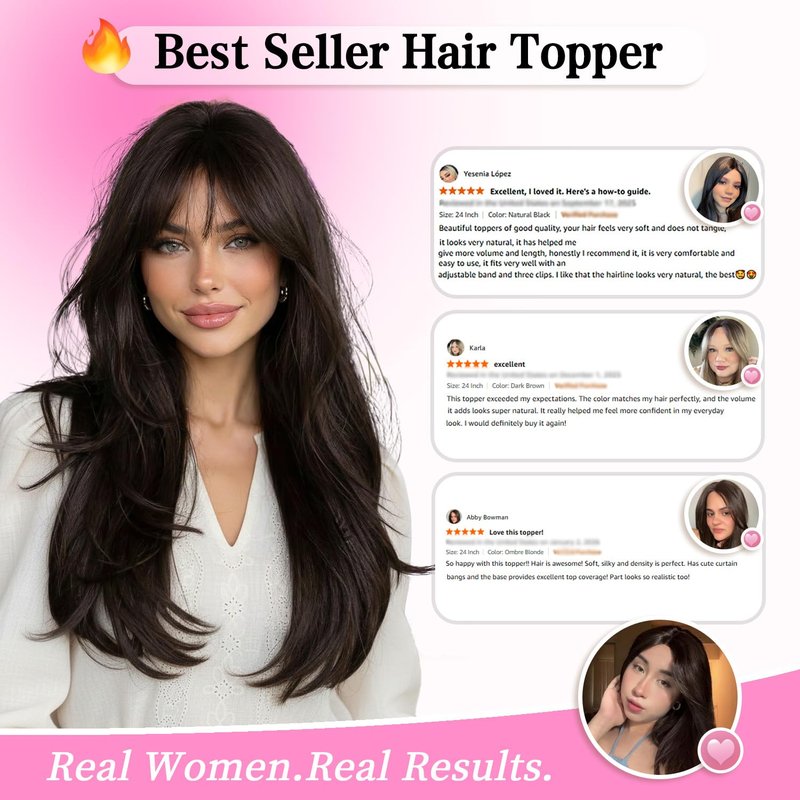 Isaic Hair Toppers for Women with Thinning Hair, 24 Inch Synthetic Clip in Topper Hair Extensions with Adjustable Band, Layered Wiglet Adds Volume and Natural Coverage (Dark Brown)
