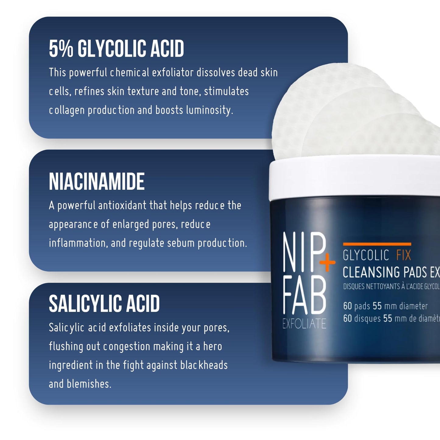 Nip + Fab Glycolic Fix Night Pads Extreme (60 Count) – 5% Glycolic Acid Exfoliating Face Pads with Salicylic Acid – Resurfacing AHA BHA Chemical Peel for Blemishes & Texture