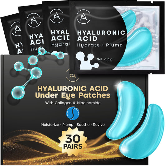 AURAE Hyaluronic Acid Under Eye Patches (30 Pairs) - For Dark Circles & Puffiness - Hydrating Eye Mask for Care