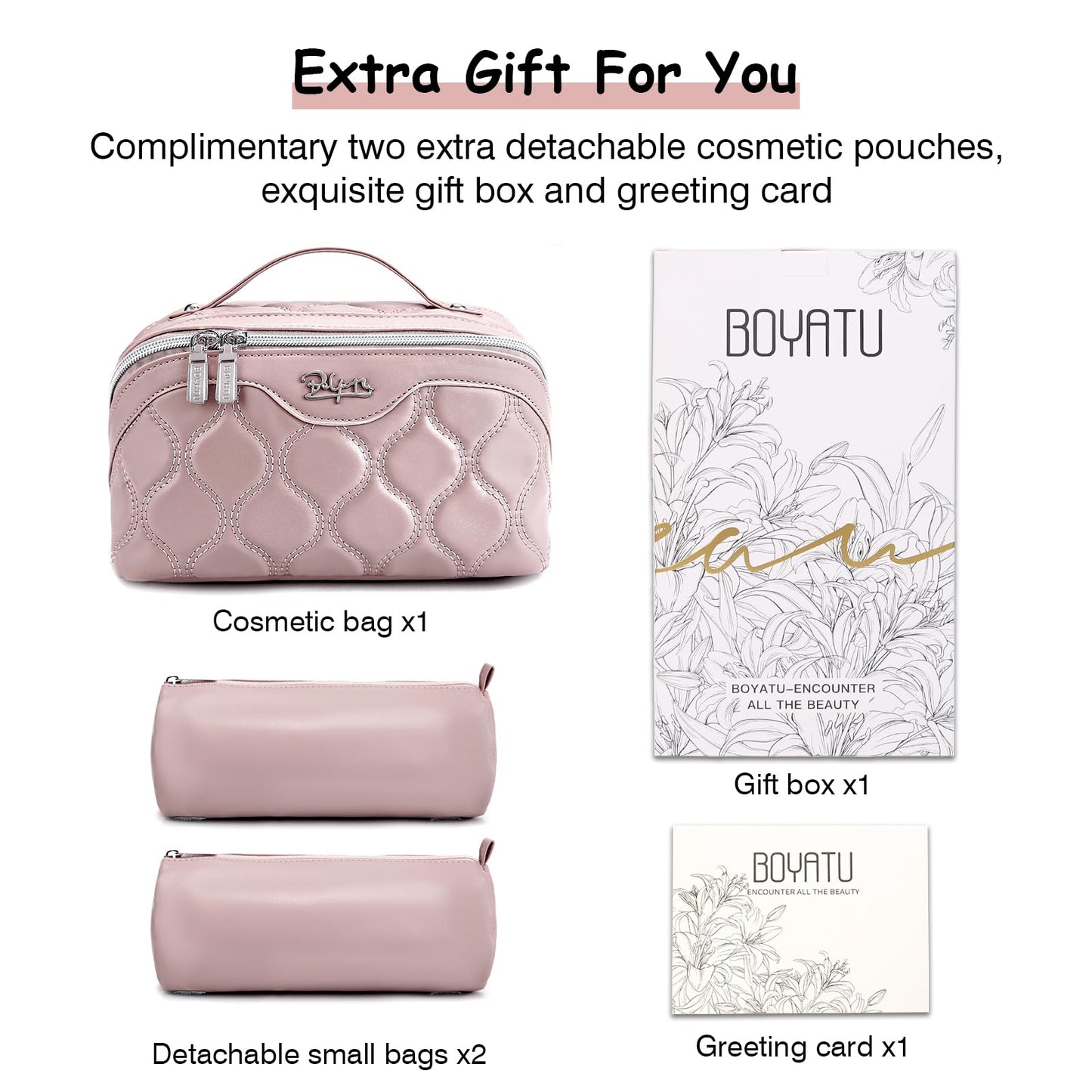 BOYATU Travel Makeup Bags for Women Cosmetic Bag: Puffy Make up Bags Set of 3 - Vegan Leather Makeup Organizer - Waterproof Large Toiletry Bag with Compartments - Travel Essentials (H-3-Pink)