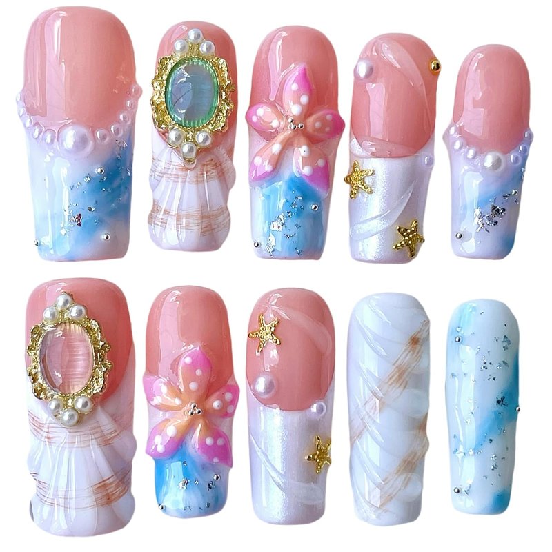 Handmade Press On Nails - Pink 3D Floral & Gold Decor | Medium Long Square Reusable Acrylic Tips (Petal Mirage, Size S)