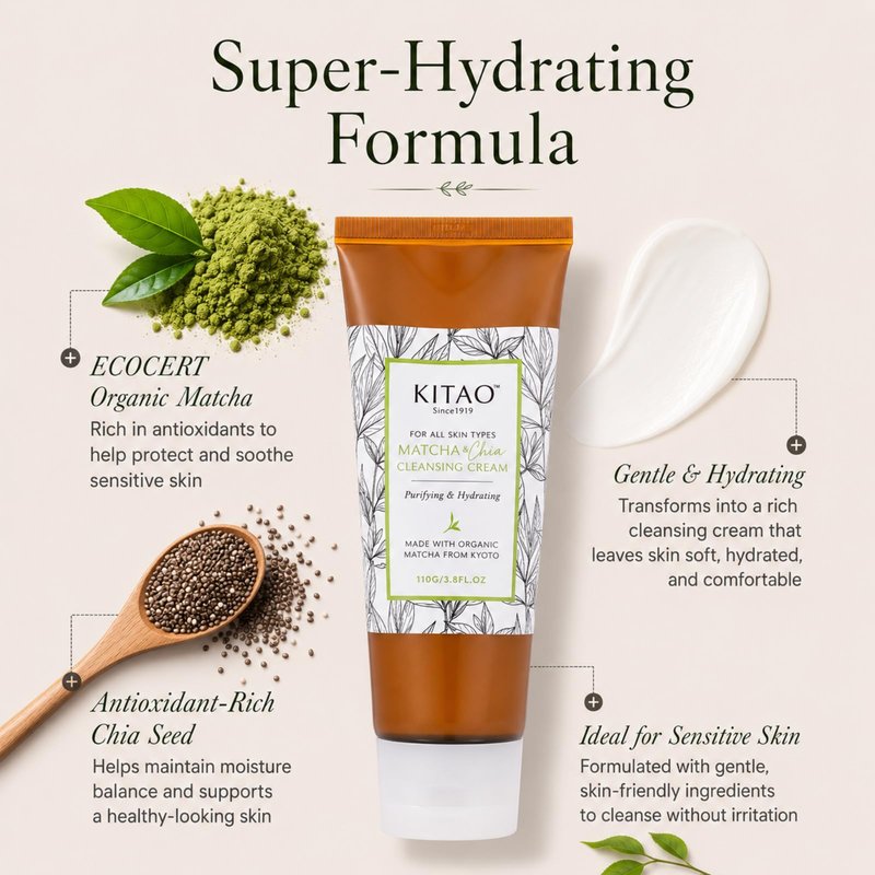 KITAO Organic Moisturizing Oil & Makeup Remover for Dry, Oily & Sensitive Skin Women & Men, Hydrating Cleansing Cream with Natural Matcha& Chia& Antioxidant for Eyes, Face, Lip from Japan, 3.8 Fl Oz