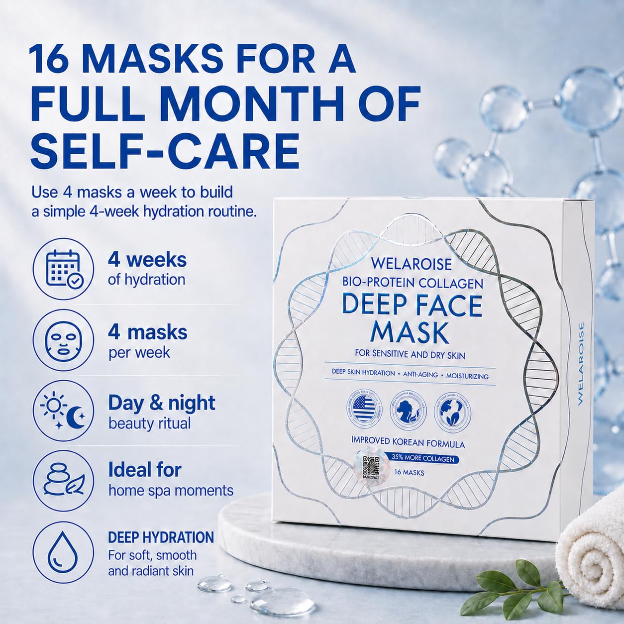 Welaroise Bio Protein Collagen Hydrogel Deep Face Mask +35% More Collagen, Intense Hydration & Moisturization, Firming, Anti-Aging, Skin Renewal, Korean Skincare (Pack of 16)