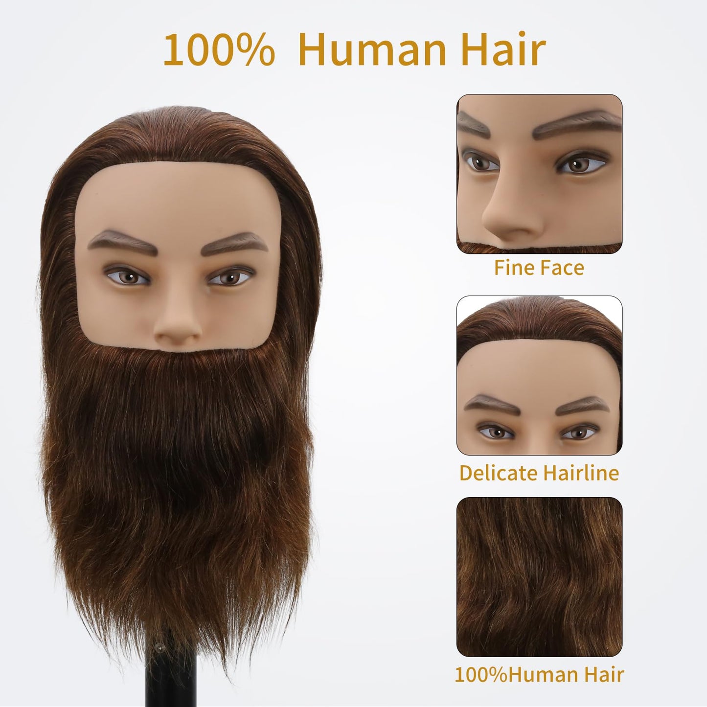 Male Mannequin Head,Training Head with 100% Human Hair 12inch Barber Mannequin Head Male Mannequin Head With Beard for Hair Styling, Practicing Cut Styling（Dark Brown）
