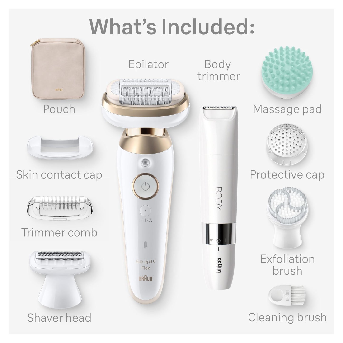 Braun Epilator Silk-épil 9 Flex SkinSpa, Hair Removal Device, 360 Flex and Pivoting Head, Wet and Dry, Includes Shaver Head, Trimmer Comb, Massage Pad, Exfoliation Brush and BodyTrimmer, SES9-481 3D