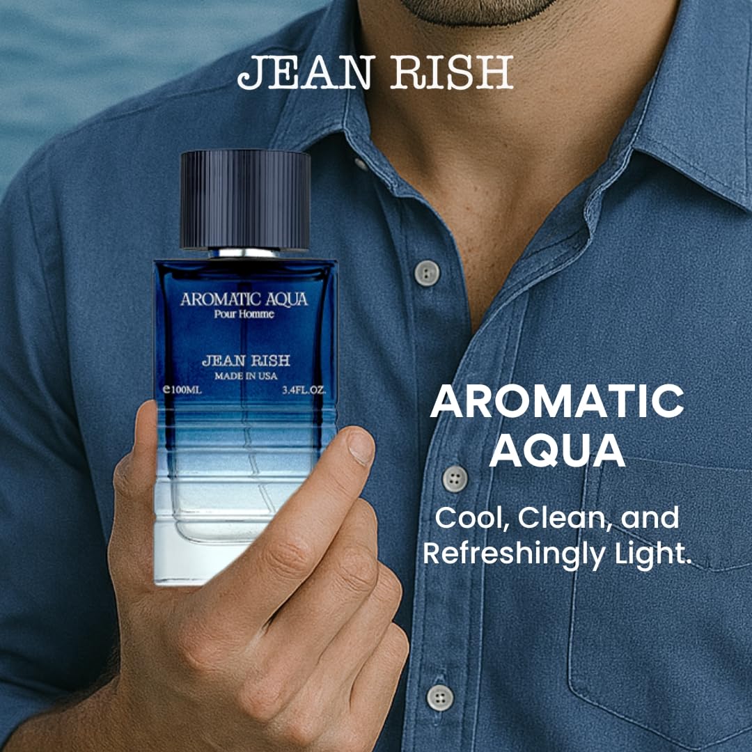 Jean Rish Aromatic Aqua Perfume for Men Eau De Parfum, Long-Lasting Luxury Fragrance, Made In USA - Lemon, Mint, Ginger, Jasmine, Sandalwood Scent - 100ml / 3.4 oz
